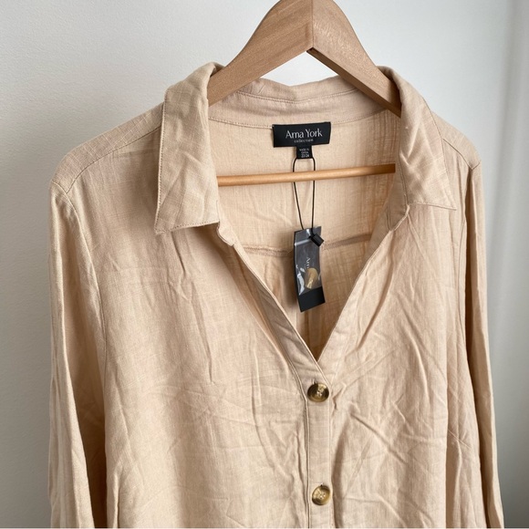 Arna York Women's Viscose-Linen Long Sleeve Button Down Shirt, Tan, Size 22/24 - Picture 6 of 10